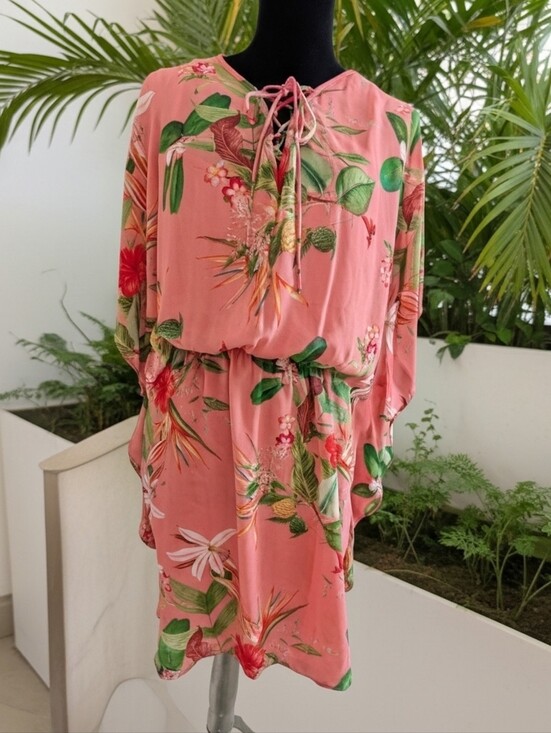 Express Dresses & Skirts - Express Coral Pink Floral Sheer Blouse Dress Asymmetrical SzM (A11)